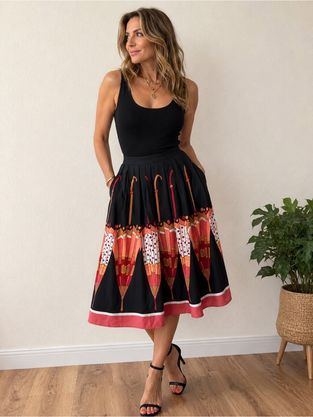 Eva Mendes Umbrella Print Pleated Midi Skirt Size 0 Retro Pink Black